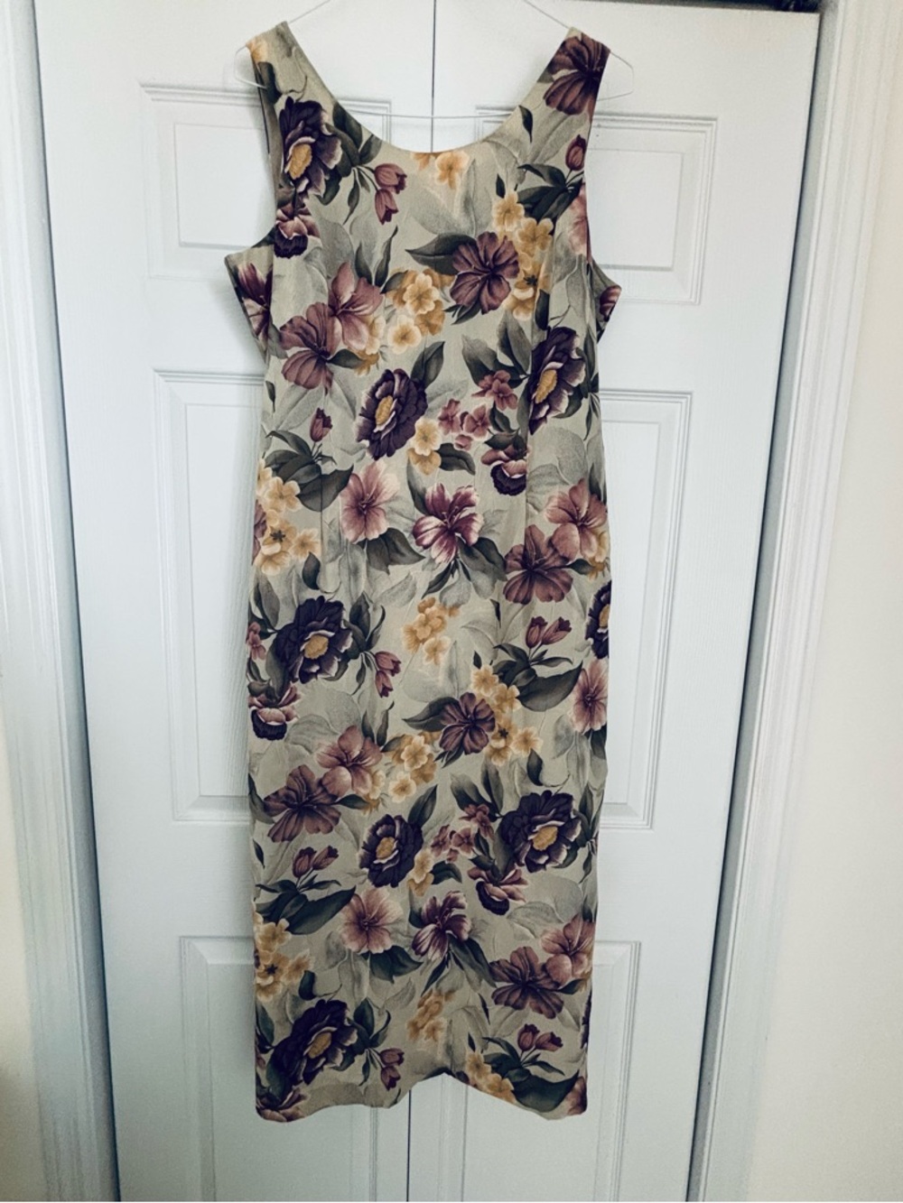 Sleeveless Olive Midi Dress with Purple & Yellow Floral Print